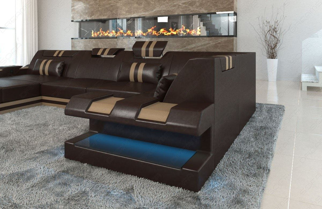 Leder Wohnlandschaft Apollonia U Form mit LED - dunkelbraun-sandbeige