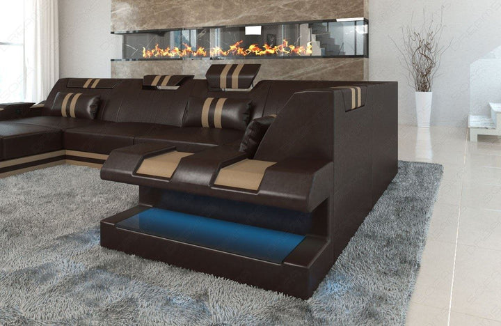 Leder Wohnlandschaft Apollonia U Form mit LED - dunkelbraun-sandbeige