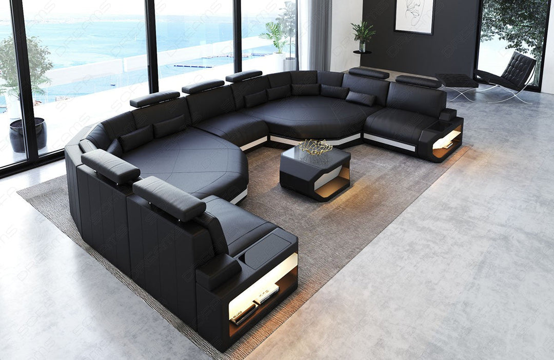 Luxus Leder Wohnlandschaft Asti XXL mit 2 Relax Ecken und LED Beleuchtung. Couchtisch und USB AnschlÃ¼sse sind optional erhÃ¤ltlich.