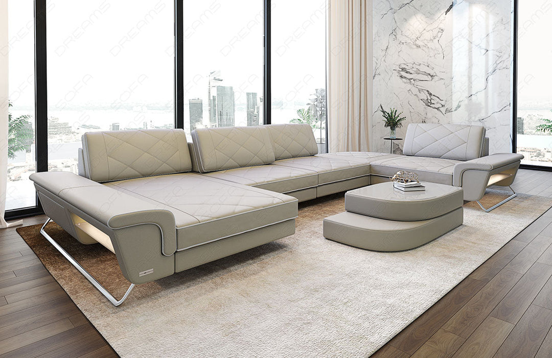 Moderne Leder Wohnlandschaft Bari U Form in beige-weiÃŸ