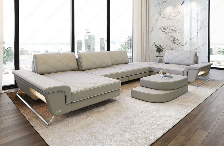 Moderne Leder Wohnlandschaft Bari U Form in beige-weiÃŸ