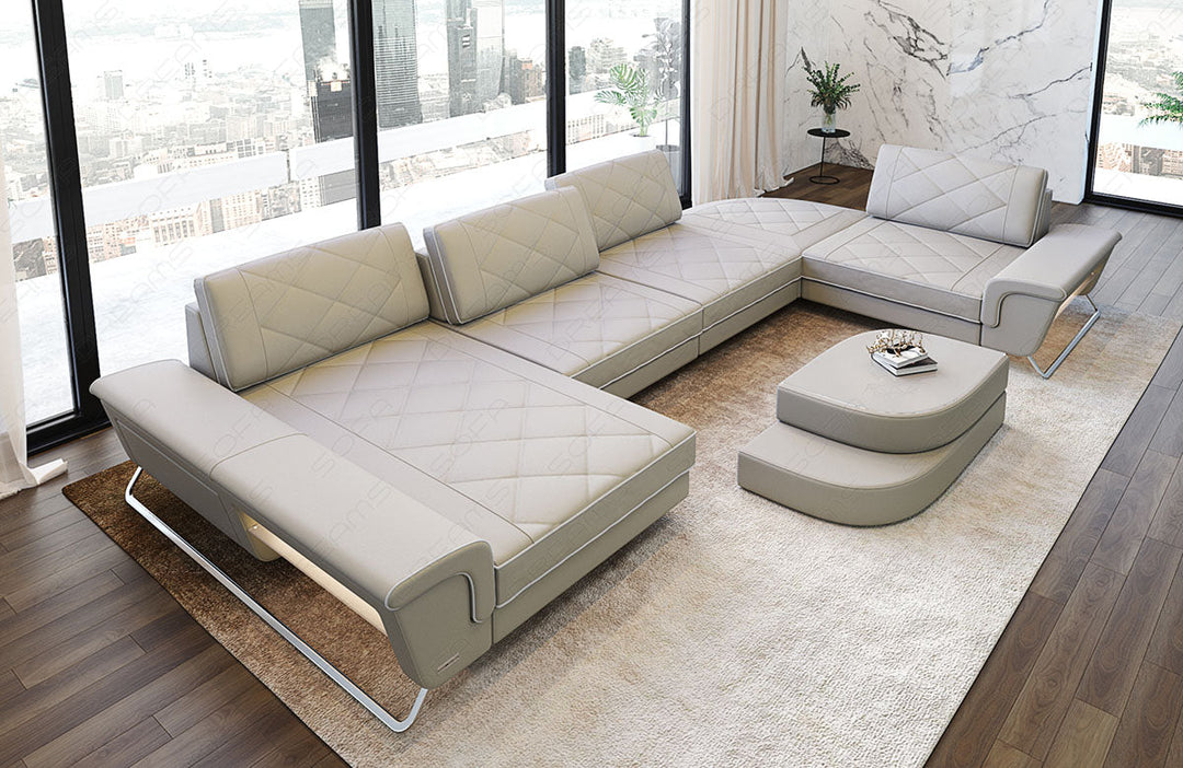 Leder Wohnlandschaft Bari U Form in beige-weiÃŸ