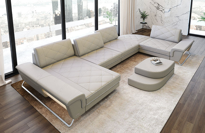 Leder Wohnlandschaft Bari U Form in beige-weiÃŸ