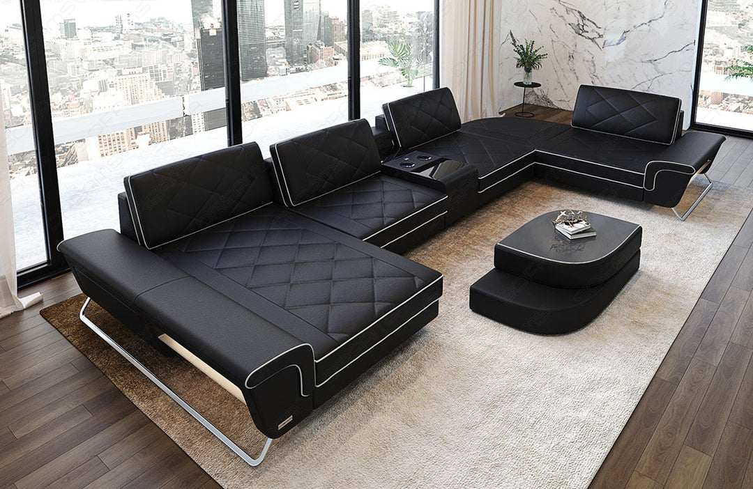 Leder Wohnlandschaft Bari U Form in schwarz-weiÃŸ