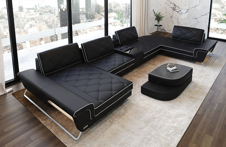Leder Wohnlandschaft Bari U Form in schwarz-weiÃŸ