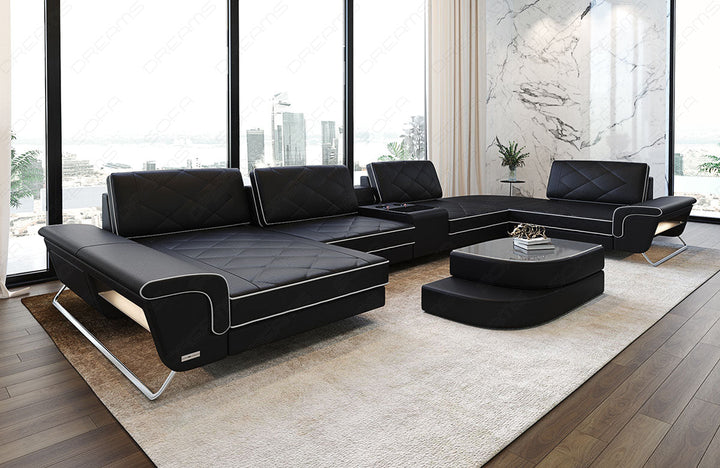 Design Leder Wohnlandschaft Bari U Form in schwarz-weiÃŸ