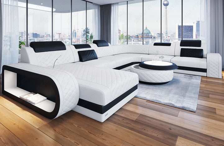 Design Leder Wohnlandschaft Berlin XXL in weiss - schwarz
