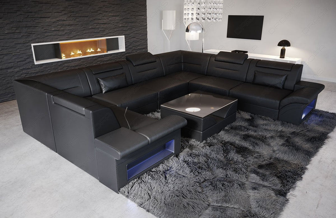 Leder Wohnlandschaft Brianza U Form in schwarz