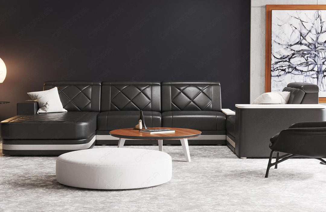 Ledersofa Wohnlandschaft Cesena U Form in schwarz-weiÃŸ