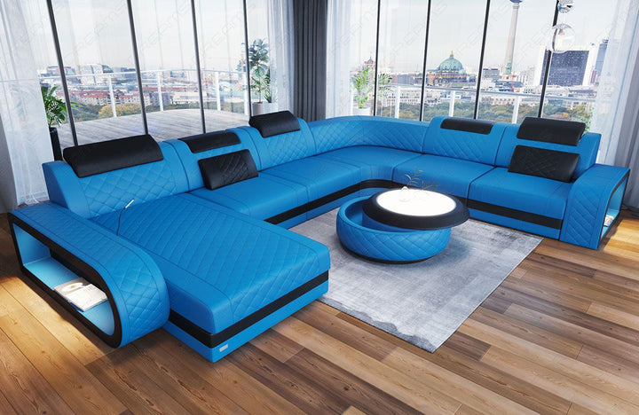Mini U Form Ledersofa Berlin XXL mit schmalen SitzflÃ¤chen in Farbe blau - schwarz