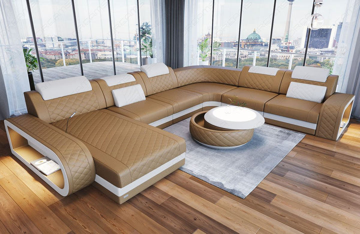 Mini U Form Ledersofa Berlin XXL mit schmalen SitzflÃ¤chen in Farbe sandbeige - weiss