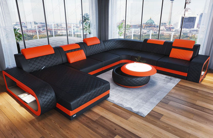 Mini U Form Ledersofa Berlin XXL mit schmalen SitzflÃ¤chen in Farbe schwarz - orange