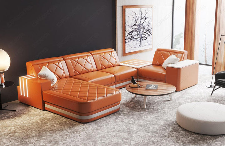 Ledersofa Wohnlandschaft Cesena U Form in orange-weiÃŸ mit LED Beleuchtung