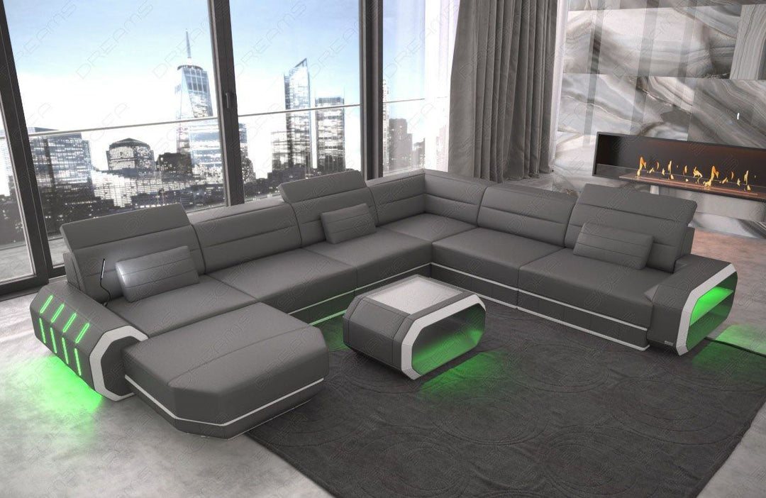 XXL Ledersofa Roma als Mini Variante mit LED und USB - grau-weiss