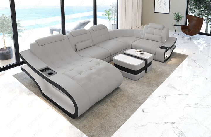 Ledersofa Elegante U Form in hellgrau-schwarz