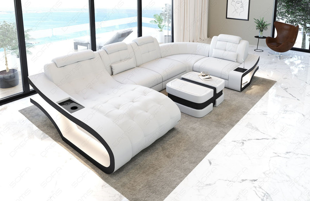 Leder Sofa Wohnlandschaft Elegante U Form in weiss-schwarz
