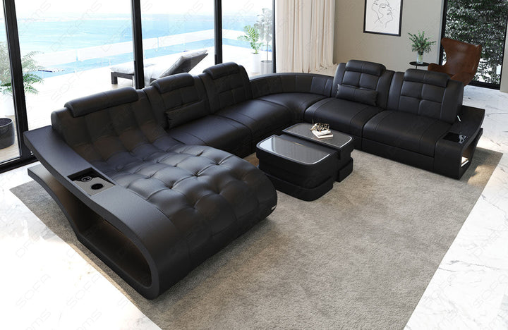 Moderne Leder Wohnlandschaft Elegante XXL mit LED in komplett schwarz