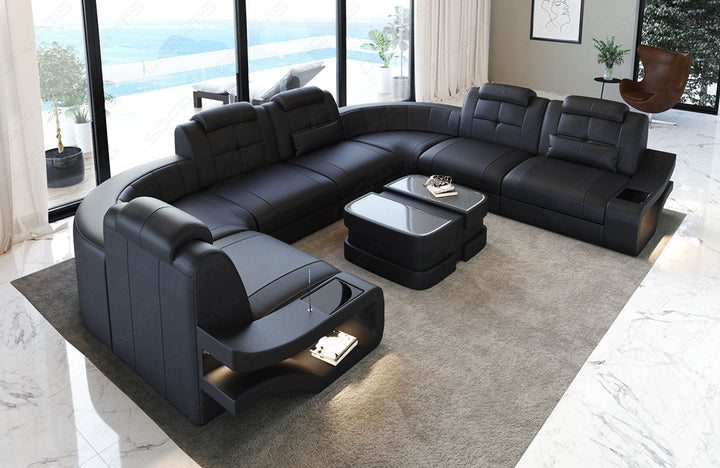 U Form Ledersofa Elena mit LED Beleuchtung in komplett schwarz