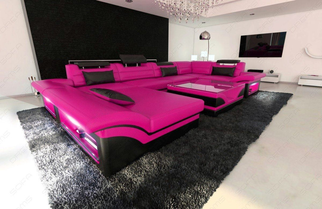 Ledersofa Enzo U Form Mini in pink-schwarz