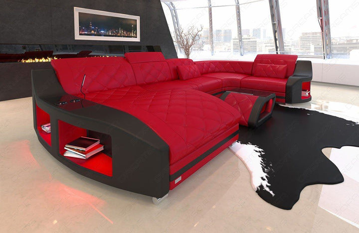 Leder Wohnlandschaft Swing U Form mit LED Beleuchtung in rot - schwarz