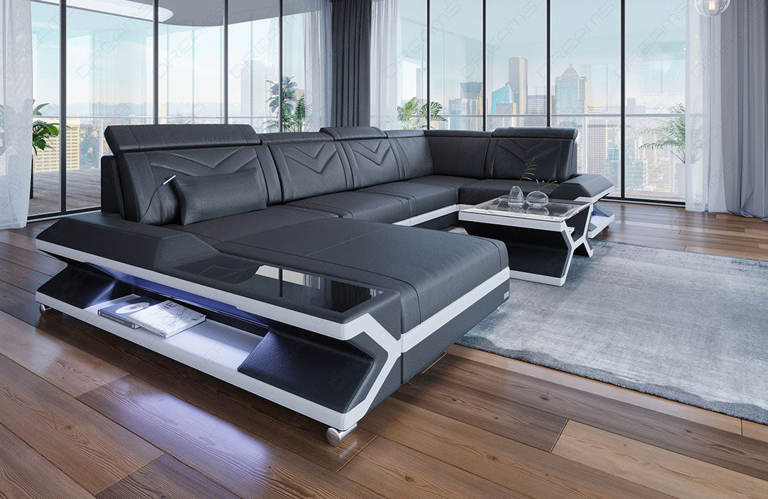 U Form Ledersofa Napoli als Mini mit LED und USB in grau-weiss