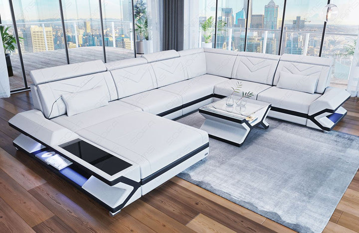 XXL Wohnlandschaft Napoli mit LED Beleuchtung in weiss-schwarz