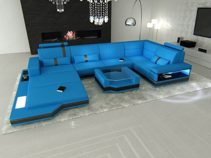 U Form Ledersofa Messana Mini mit Ottomane in blau