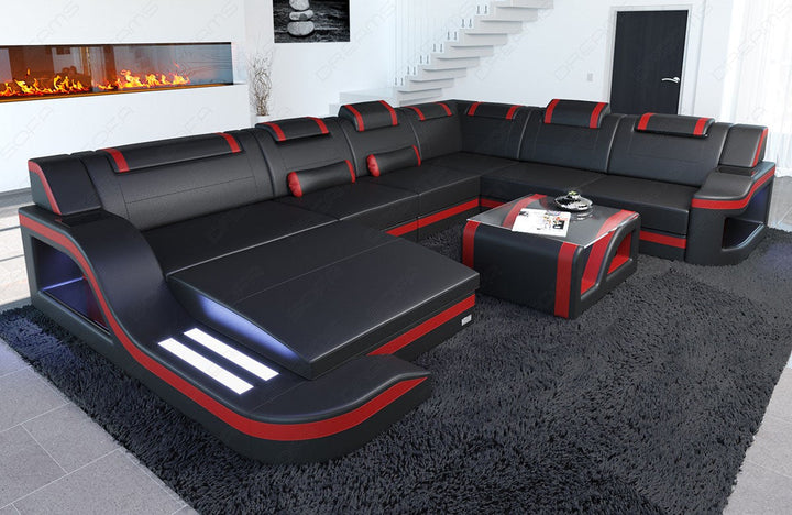 Leder Wohnlandschaft Palermo XXL mit LED in schwarz-rot