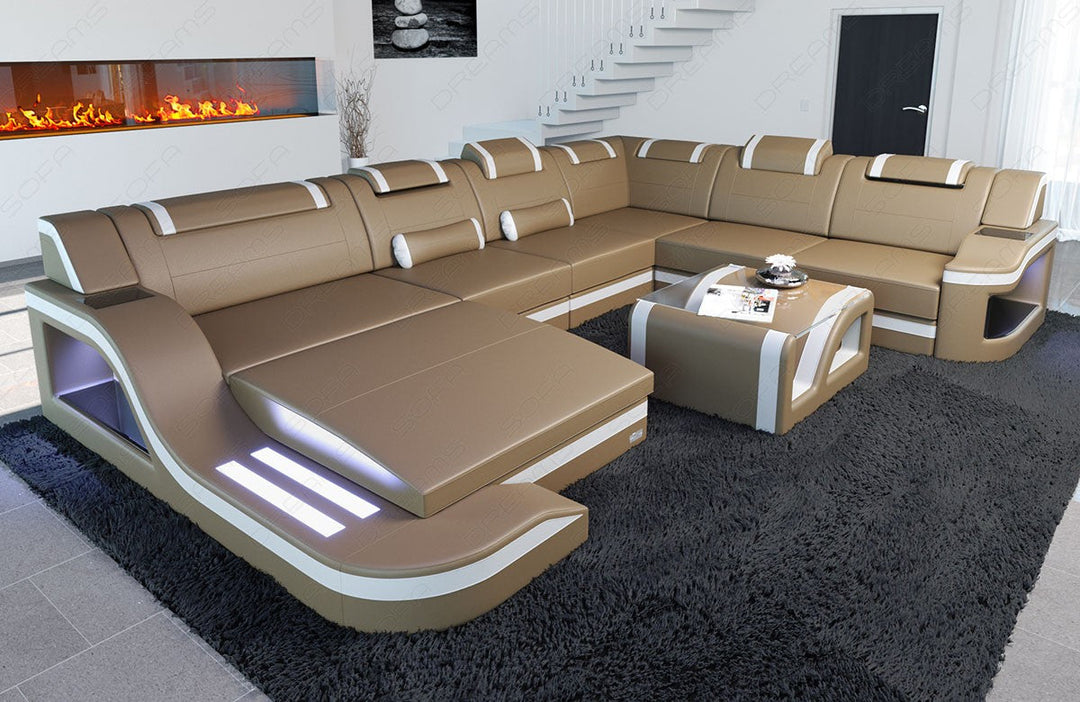 Leder Wohnlandschaft Palermo XXL mit LED in sandbeige-weiÃŸ