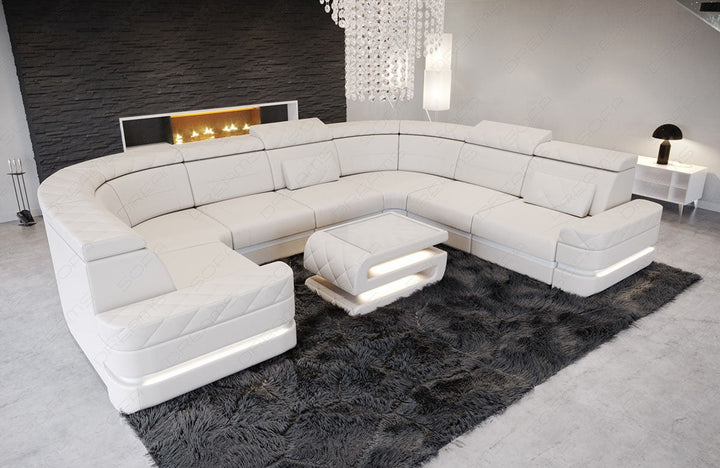 U Form Mini Ledersofa Positano in Beige-WeiÃŸ