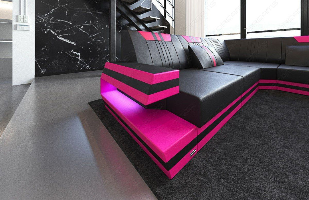 Ledersofa Ravenna in der U Form als XXL Variante mit LED und USB (schwarz-pink)