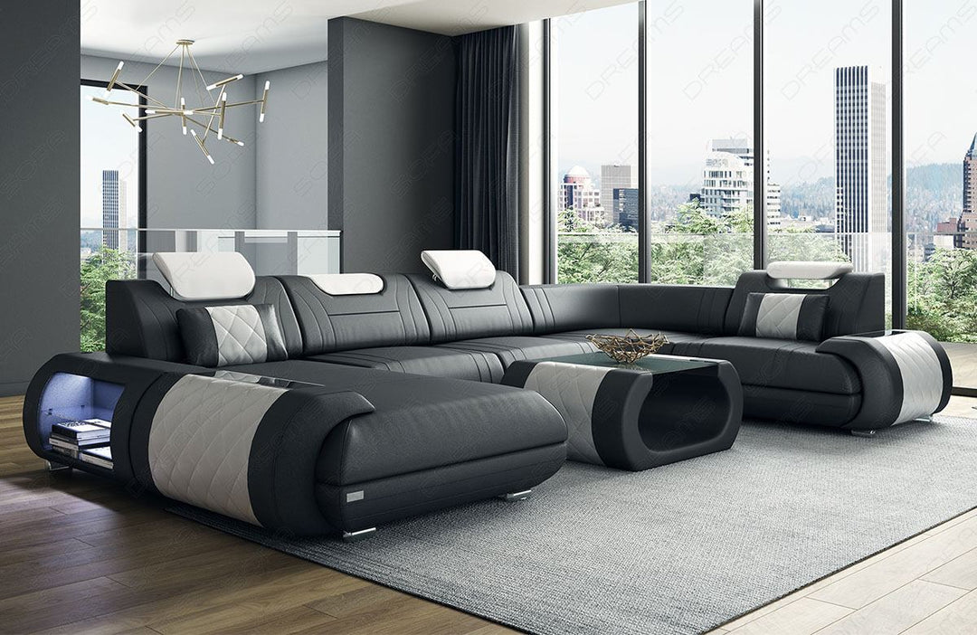 Designer Ledersofa Rimini U-Form mit Ottomane in schwarz-weiss