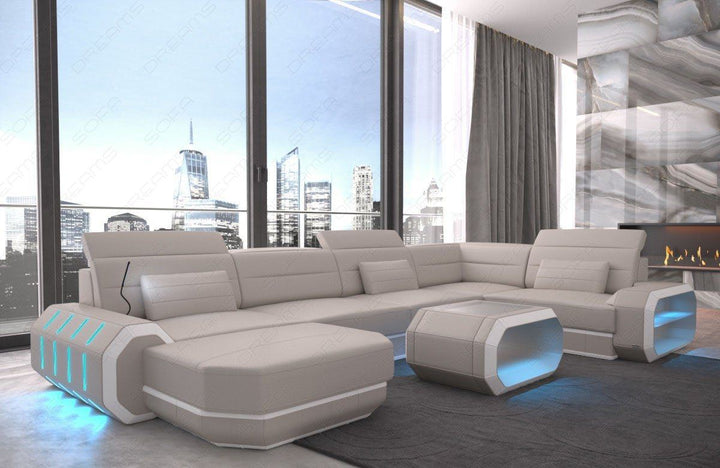 Design Wohnlandschaft Roma U Form mit LED - beige-weiss