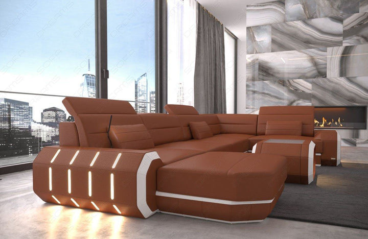 XXL Wohnlandschaft Roma U Form mit LED - hellbraun-weiss