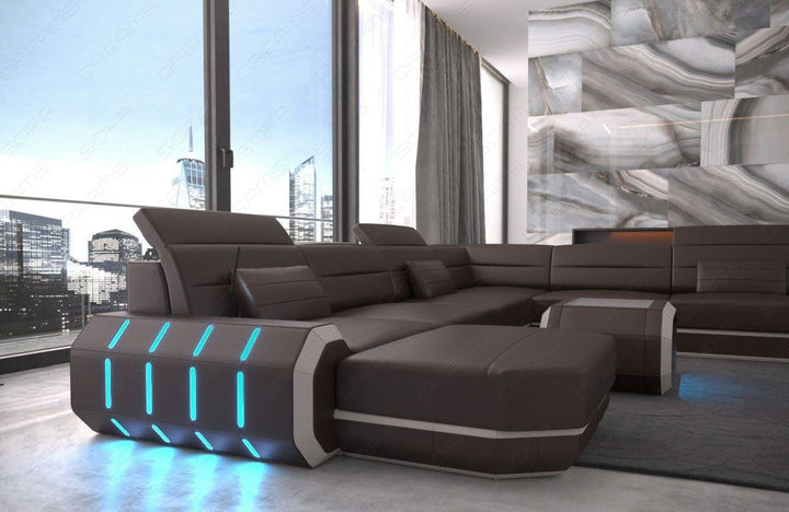 Luxus Wohnlandschaft Roma XXL mit LED Beleuchtung - dunkelbraun-beige