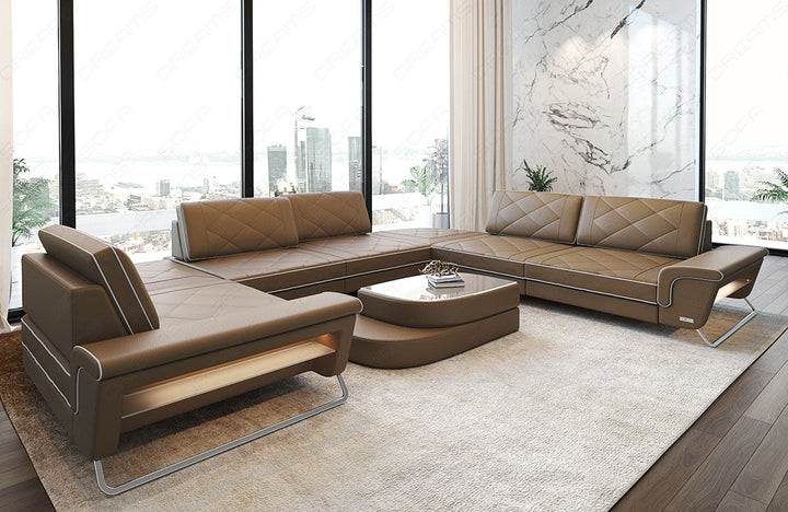 Moderne Leder Wohnlandschaft Rotello U Form in sandbeige-weiÃŸ