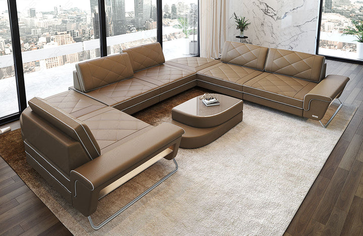 Luxus Leder Wohnlandschaft Rotello U Form in sandbeige-weiÃŸ