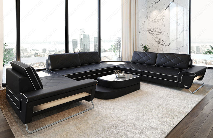 Luxus Leder Wohnlandschaft Sepino U Form in schwarz-weiÃŸ