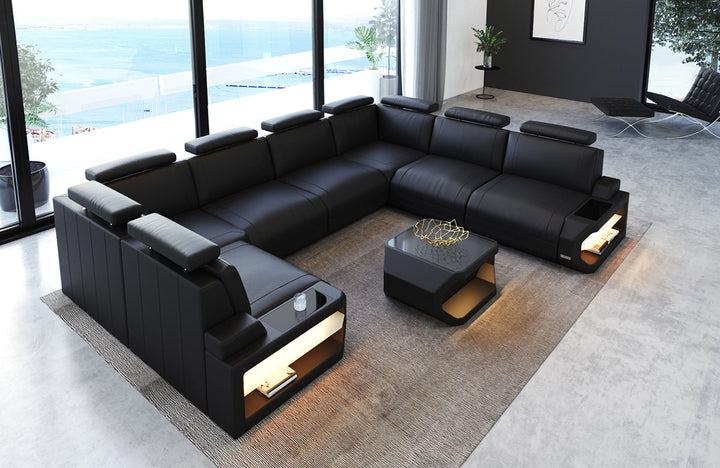 Leder Wohnlandschaft Siena U Form in schwarz
