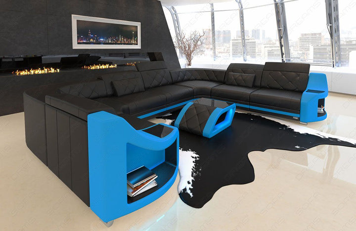 U Form Mini Ledersofa Genua mit USB und auch LED in schwarz - blau