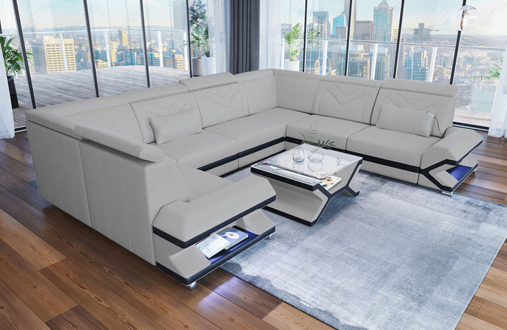 Mini Ledersofa Sorrento U Form mit LED und USB in hellgrau-schwarz
