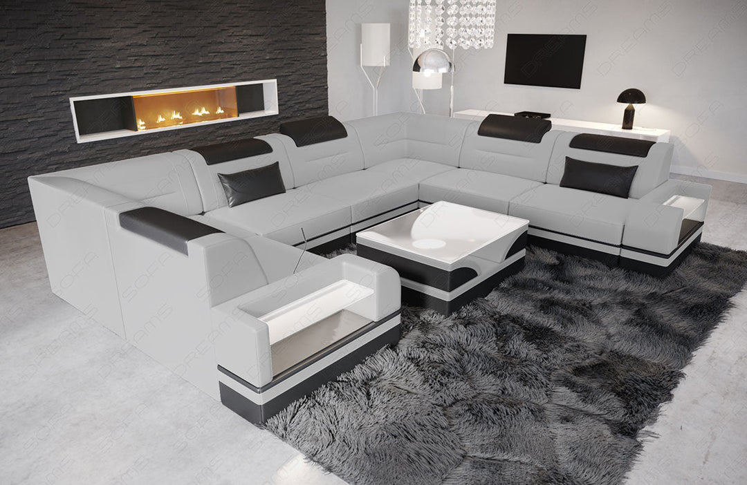 U Form Ledersofa Trivento Mini mit Beleuchtung in hellgrau-schwarz