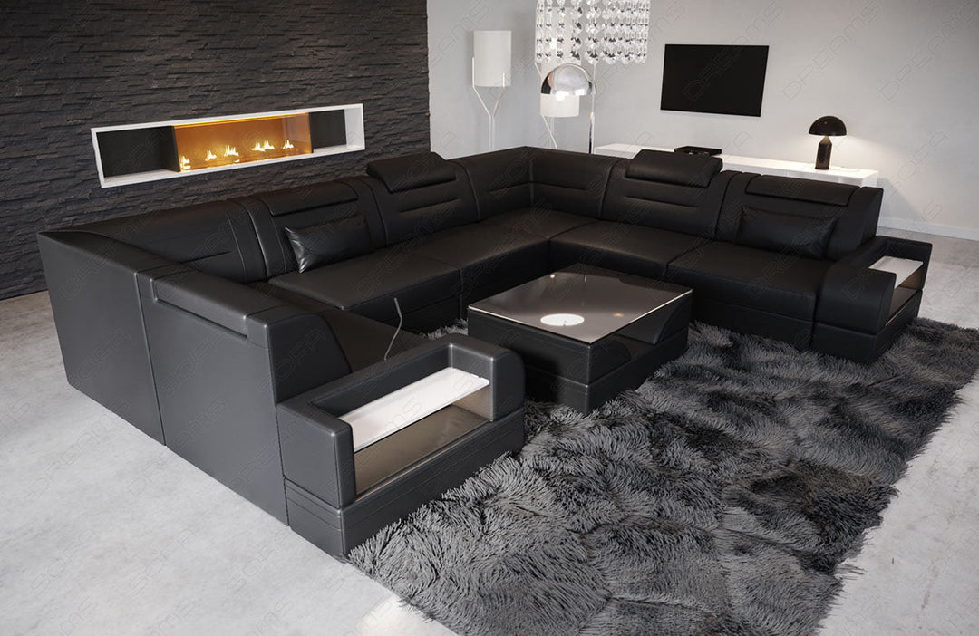 U Form Ledersofa Trivento Mini mit Beleuchtung komplett in schwarz