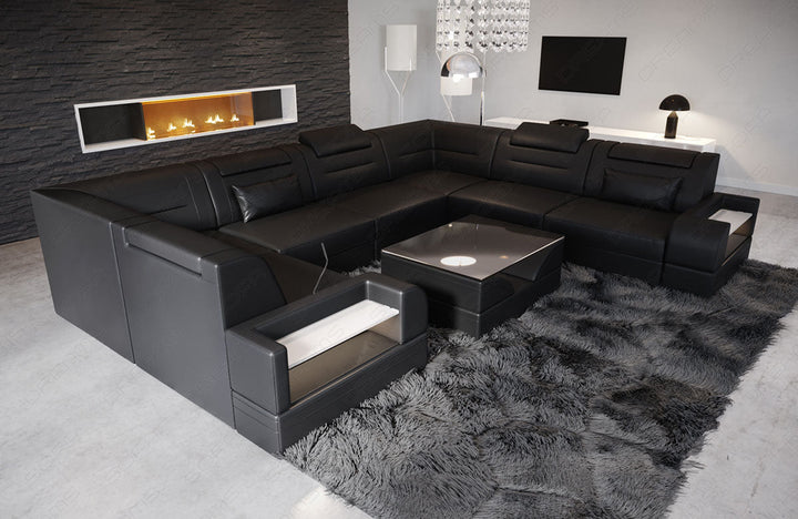U Form Ledersofa Trivento Mini mit Beleuchtung komplett in schwarz