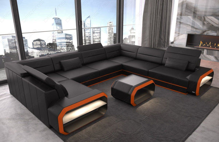Ledersofa Verona in der Mini U Form mit LED