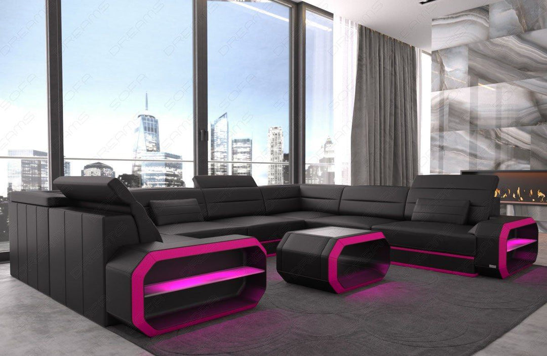 Ledersofa Verona in der Mini U Form mit LED in schwarz-pink