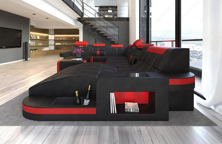 XXL Ledersofa Wave mit LED Beleuchtung in schwarz-rot