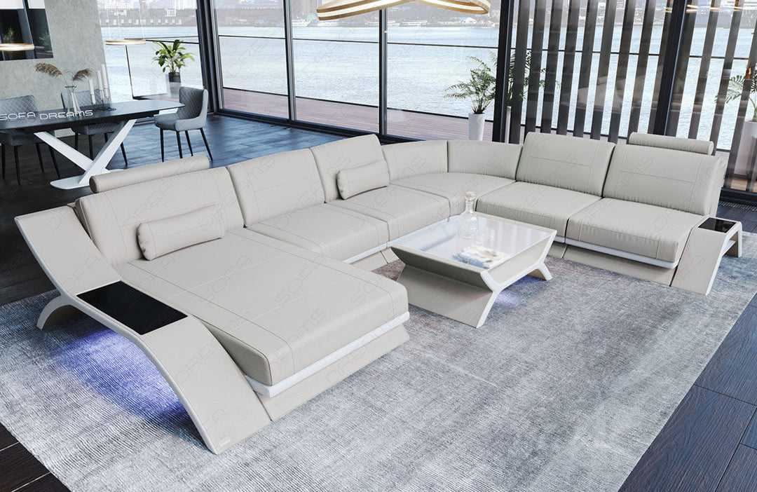 Leder Wohnlandschaft Calabria XL in beige - weiss