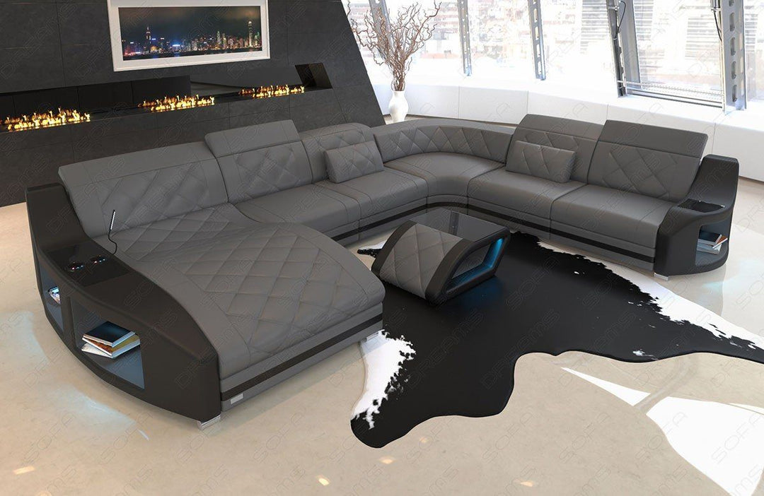 Ledersofa Swing als Mini XXL mit LED und USB mit Ottomane in grau - schwarz