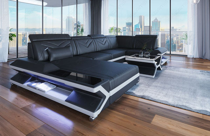 U Form Ledersofa Napoli als Mini mit LED und USB in schwarz-weiss